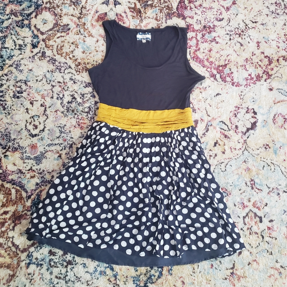 Modcloth Comme Toi Navy Yellow White Polka Dot Sleeveless Dress Size Medium